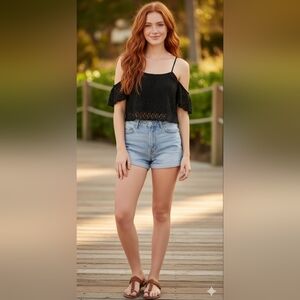 Bershka Black Spaghetti Strap Crochet Crop Top Size M